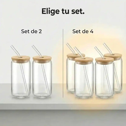 Set de vasos de alta gama en vidrio y bambú